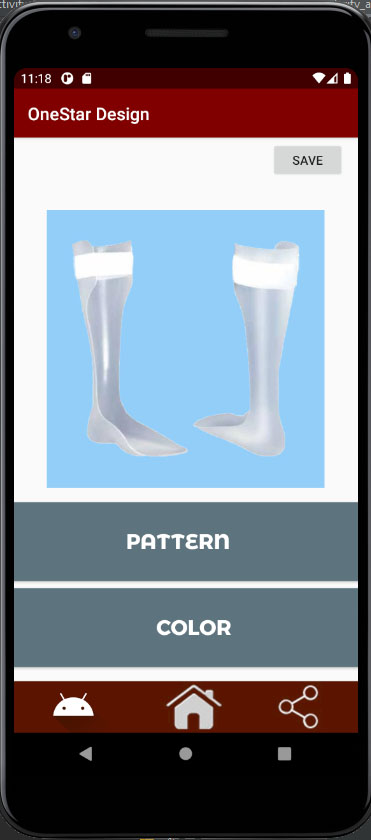 screenshot of OneStar Design screen for a ankle-foot orthoses. Screen has a photo of an ankle-foot orthoses with two buttons below it. The buttons say "pattern" and "color" respectively