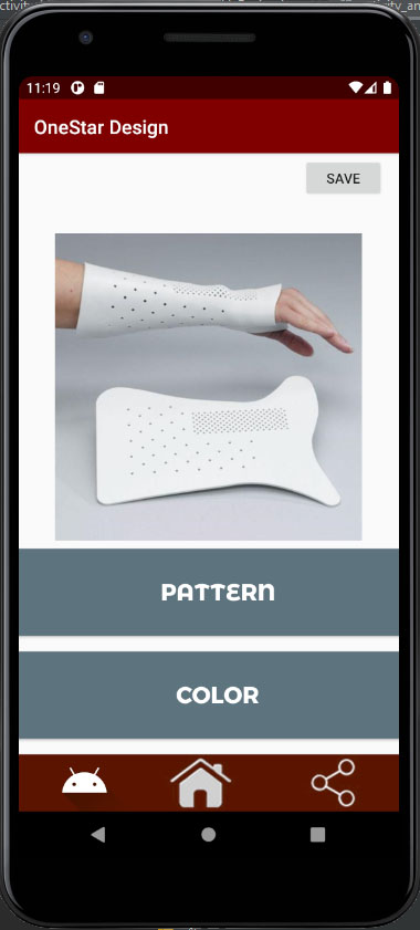 screenshot of OneStar Design screen for a wrist brace. Screen has a photo of a wrist brace with two buttons, with the text "pattern" and "color" respectively