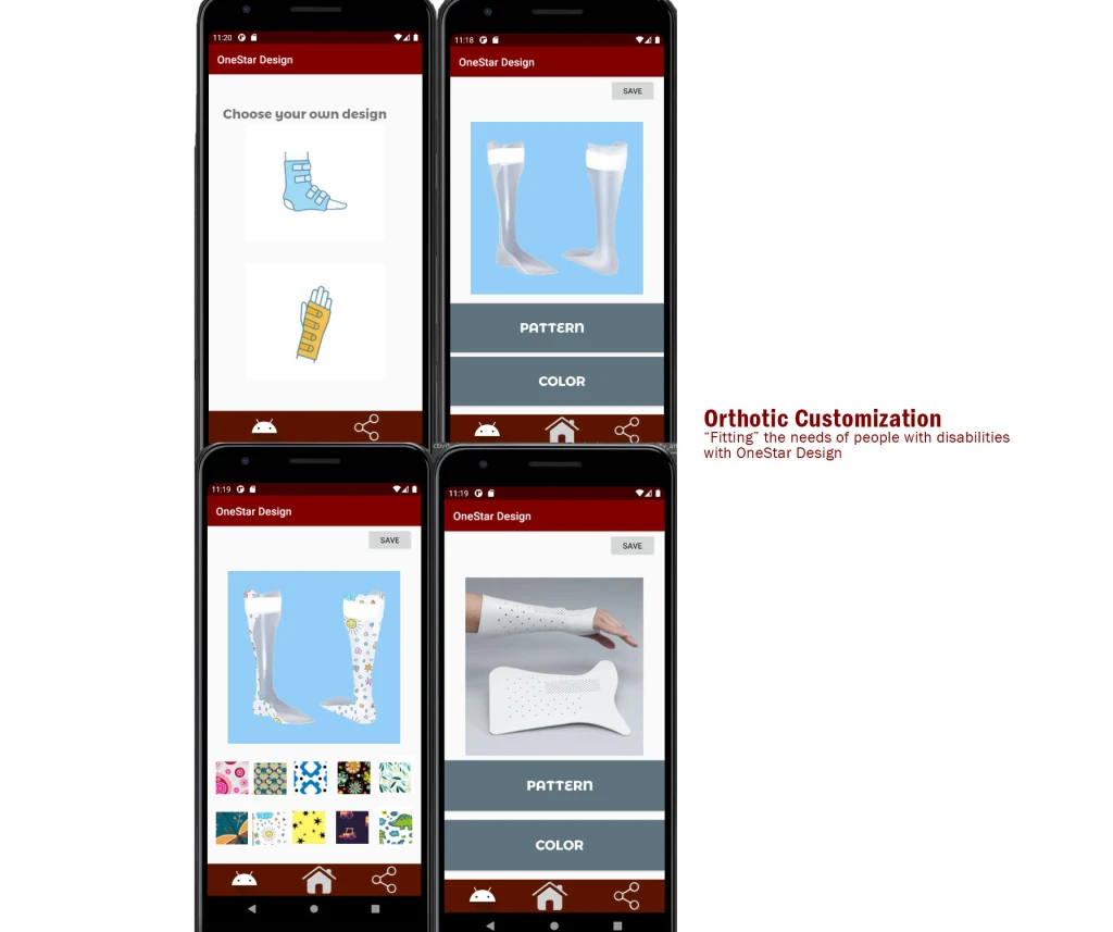 4 screenshots of the app with the text "Orthotic Customization: Fitting the needs of people with disabilities with OneStar Design" in maroon.