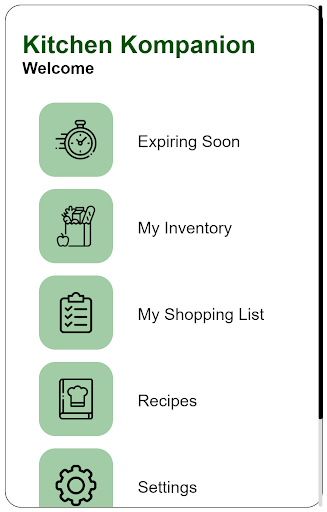 home screen of the application with 5 buttons with corresponding icons labeled: Expiring Soon, My Inventory, My Shopping List, Recipes, Settings.